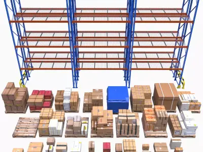Warehouse Shelf with Pallets and Boxes Low-poly 3D model