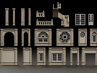 CLASSIC EUROPEAN KITBASH 03 MODULAR BUILDING WITH INTERIOR Low-poly 3D model