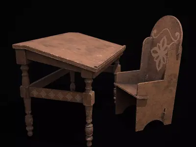 Elegant Long Writing Desk and High Wood Chair  3D Model Pack