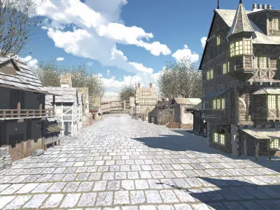 Medieval Modular Town with 13 Houses Tree and Bridge Game Ready Low-poly 3D model