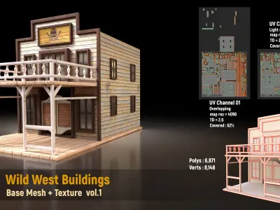 7 Wild West Buildings Base Mesh and Texture   vol 01 Low-poly 3D model
