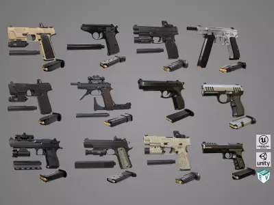 12 pistol Rigged Collection 01 All PBR Unity UE Textures 3D Model Pack
