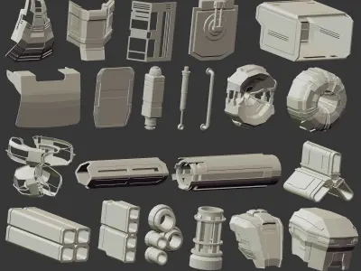 110 Low poly futuristic robot or weapon parts kitbash IMM brush 3D model