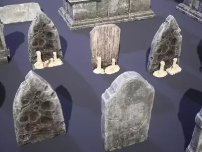 Medieval sarcophagi stone coffins tombstones crosses 3D model