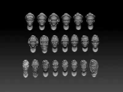 heads group of with different headdresses 3D print model