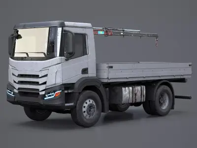 Realistic Flatbed Truck with Loader Crane Aged and Rusted 3D model