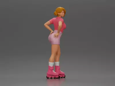 Roller skater strikes pose in pink shirt shorts and skates 3D print model