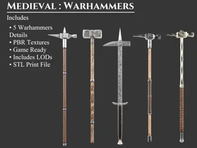 Medieval Collection Weapons Warhammers 3D Model Pack purchase