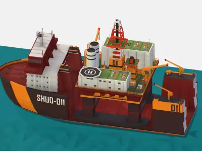 Heavy Lift Vessel with Big Oil Rig Low-poly 3D model