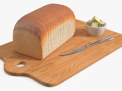 Slices of White Bread with Butter on Wooden Board 3D model