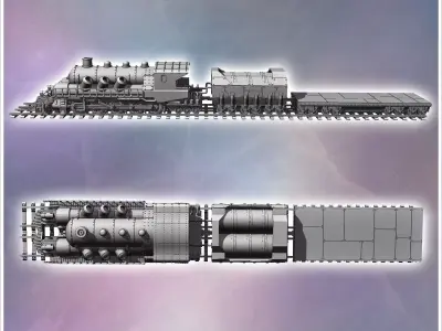 Steampunk train on double tracks with steam locomotive and trail 3D print model