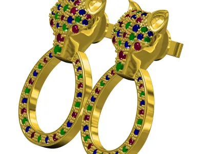 Antique Colorful Diamond Panther Face Earring 3D print model