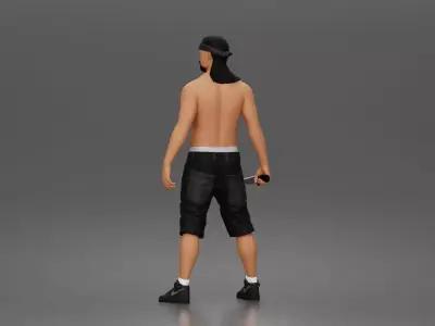 gangster stands holding knife wearing shorts sneakers headband 3D print model