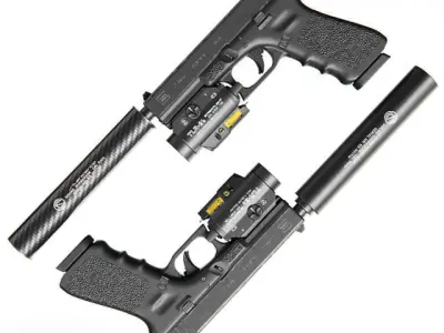 Pistol Glock 17 Gen4 with Flashlight and Silencer 3D model