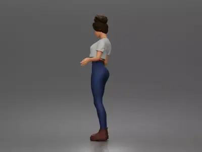 young woman standing pose in t-shirt jeans boots outfit 3D print model