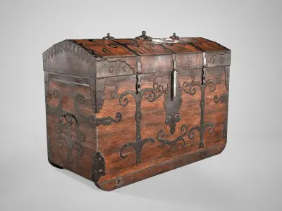 Antique Medieval Chest - Wooden Treasure Trunk with Ornaments Low-poly 3D model