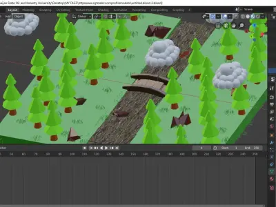 forest river water grass tree cloud bridge rock 3D model