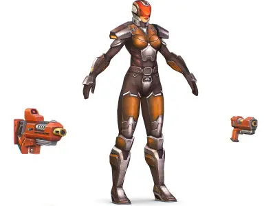 Woman Cyborg Soldier Female with Rifle and Pistol Low-poly 3D model