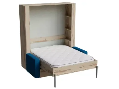 Maple Wood Blue Fabric Sofa Bed Opened 3D model