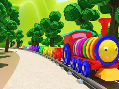 3D Cartoon forest and Animated  train models with numbers Low-poly 3D model