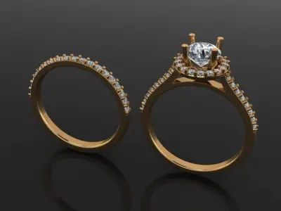Diamond Halo Engagement Ring Set With Band 6mm 3D print model
