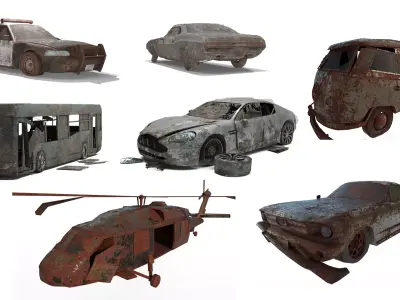 Game ready Abandoned damaged wrecked Vehicle collection model Low-poly 3D model