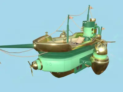 Cartoon Airship 04 - Green Gold - Low Poly Ship Low-poly 3D model