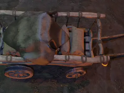 Stylized medieval cart with a lamp and a load Low-poly 3D model