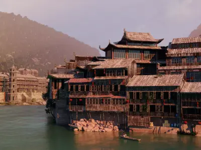 Chinese Vintage Scene with River 3D model