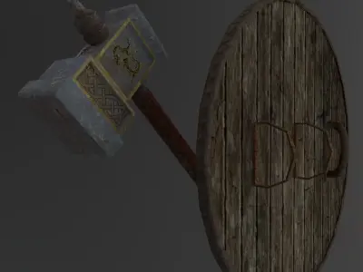 Fantasy warhammer and shield Free low-poly 3D model