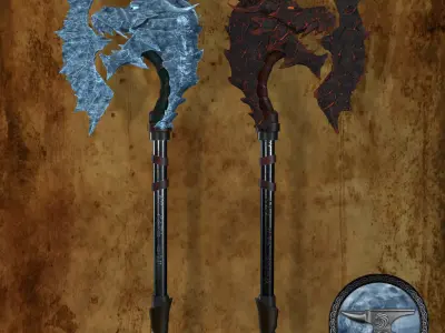 Fantasy Axes of ice and lava Low-poly 3D model