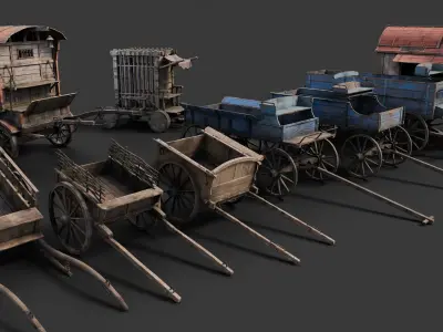 Medieval Wooden Carts and Wagons pack Low-poly 3D model
