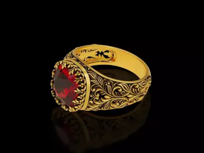 Cushion gem antique floral carving filigree ring 3D print model