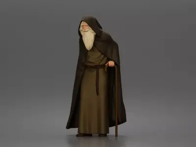 Wandering sage leans on staff wearing hooded cloak and robe 3D print model