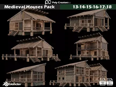 Medieval Houses Pack 13-14-15-16-17-18 - 4K Textures Game Ready Low-poly 3D model