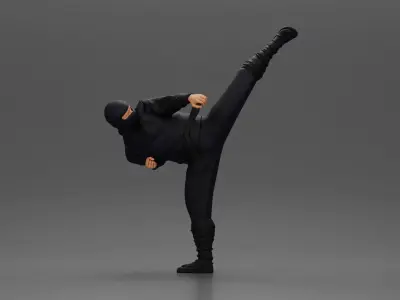 Ninja in black uniform performs high side kick with precision 3D print model