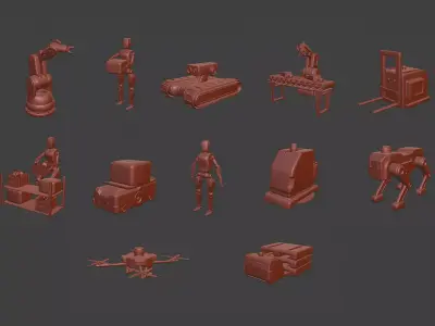Robots In Manufacturing Facilities And Warehouses 3D Icon Set 3D model