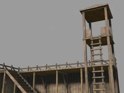 Barracks wooden structure with stairs and tower Low-poly 3D model