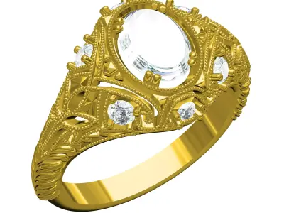 Antique Oval Stone Art Deco Engagement Ring 3D print model