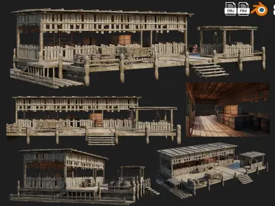 4 Old WoodenStorage Buildings Pack 4K Texture GameReady 81 to 84 Low-poly 3D model