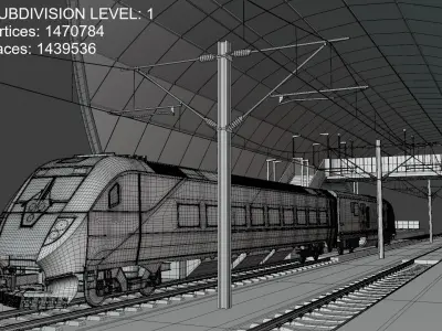 Bridge and station with american train 3D Model Pack
