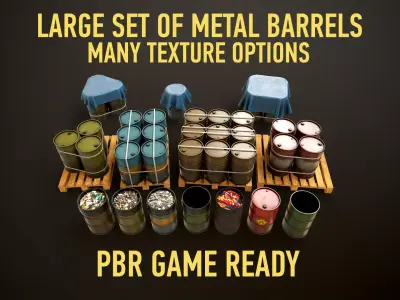 Large set of metal barrels Low-poly 3D model