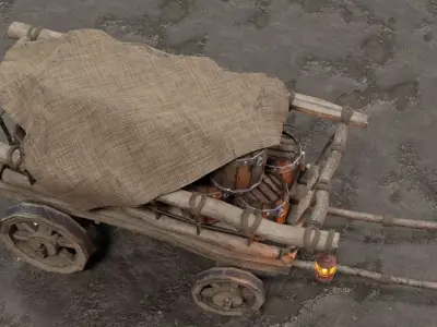 A stylized medieval cart with a lamp and barrels of linen Low-poly 3D model