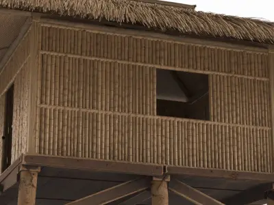 Two-Level Bamboo Hut with Thatched Roof 3D model