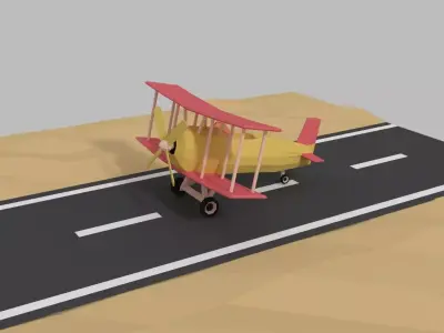 low poly plane biplane on road in desert Low-poly 3D model
