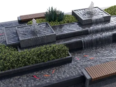 Landscaping Figure with Plants Waterfalls and Fish 2 3D model