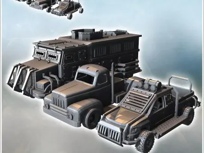 Set of three post-apocalyptic vehicles with improvised armored t 3D print model