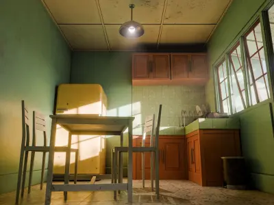 Kitchen with yellow refrigerator and green wall Low-poly 3D model