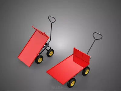 RED TIPPING DUMPING FLATBED GARDEN CART WAGON TROLLEY TRAILER 4W 3D model