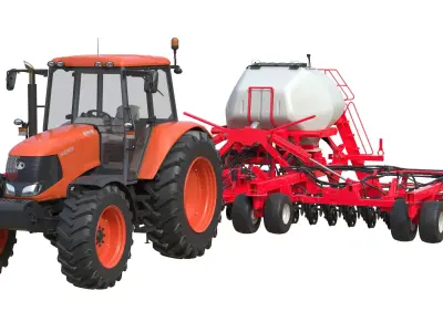 Kubota M130X1 Tractor and Seed Drill Low-poly 3D model